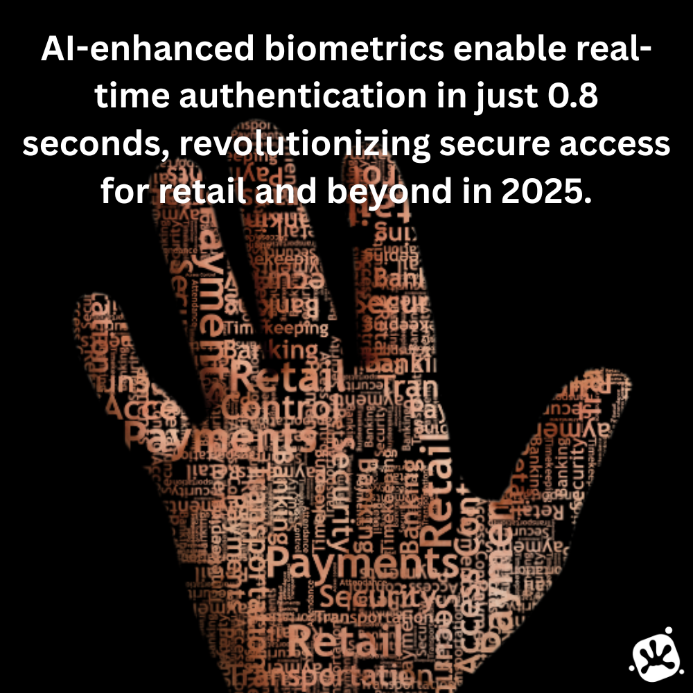 Meme of a hand with the statement AI-enhanced biometrics enable real-time authentication in just 0.8 seconds, revolutionizing secure access for retail and beyond in 2025.
