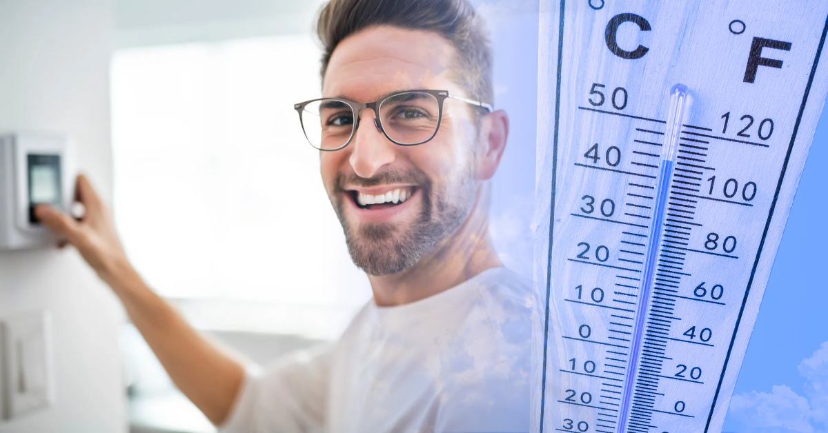 Biometric User enrollment tips: Decorative image of a man by a thermostat