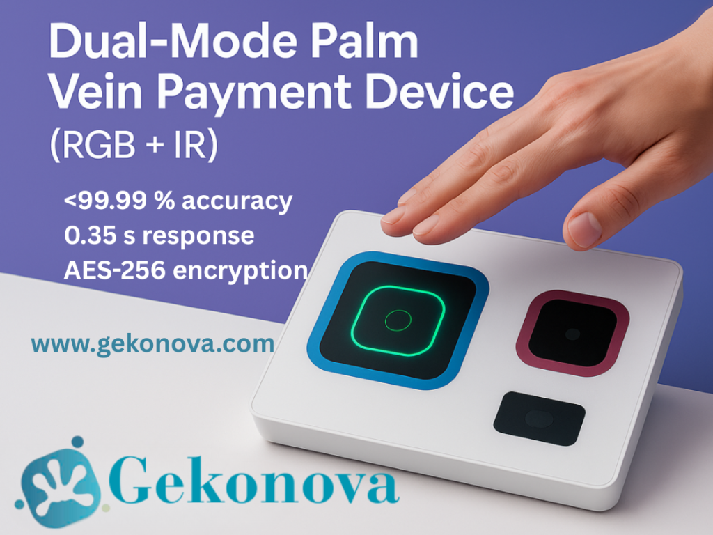 A hand hovers above Gekonova’s dual-mode palm vein payment device featuring RGB + IR technology for fast, secure, and contactless authentication.