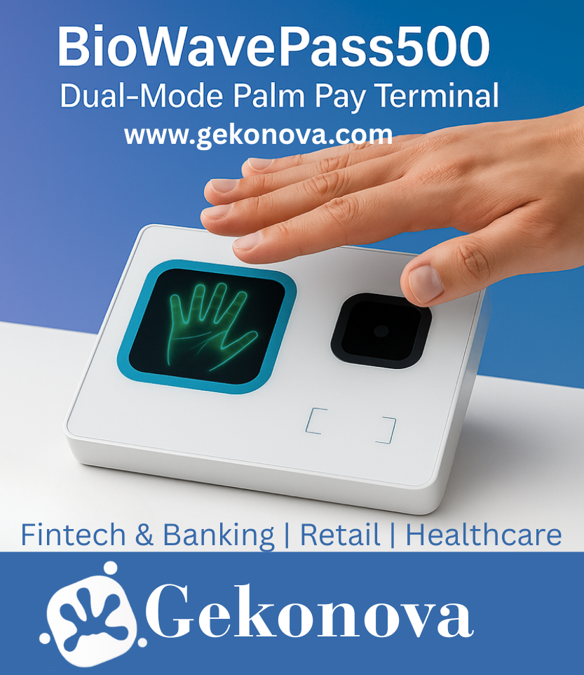 A user’s hand hovers above Gekonova’s BioWavePass500 Palm Pay Terminal using dual-mode RGB + IR palm vein recognition for secure contactless payments.