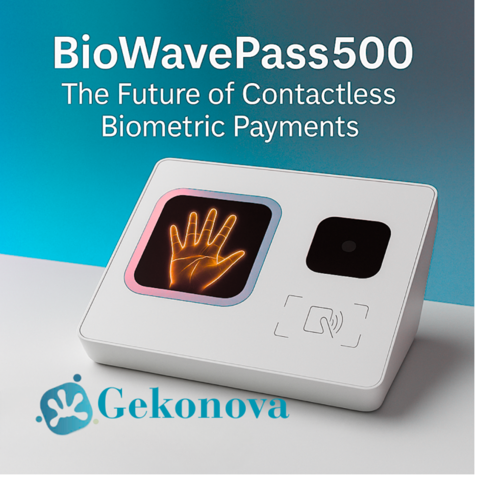 The BioWavePass500 Palm Vein Terminal by Gekonova, featuring a glowing RGB + IR scanner for secure, contactless biometric payments.