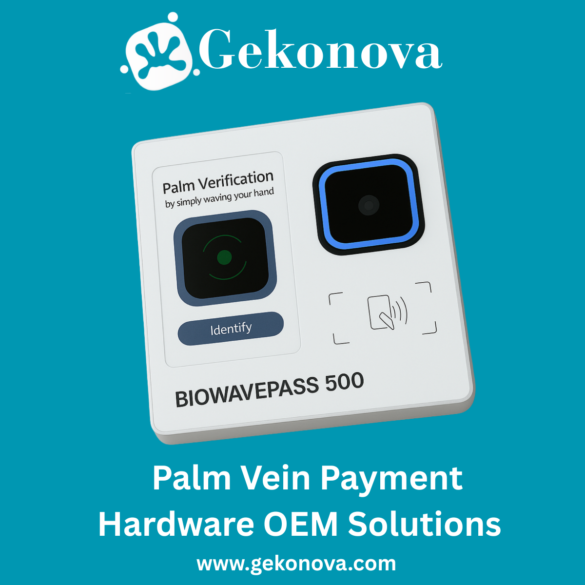 Gekonova’s palm vein payment hardware devices displayed on a modern white surface, representing OEM biometric payment solutions for fintech innovation.