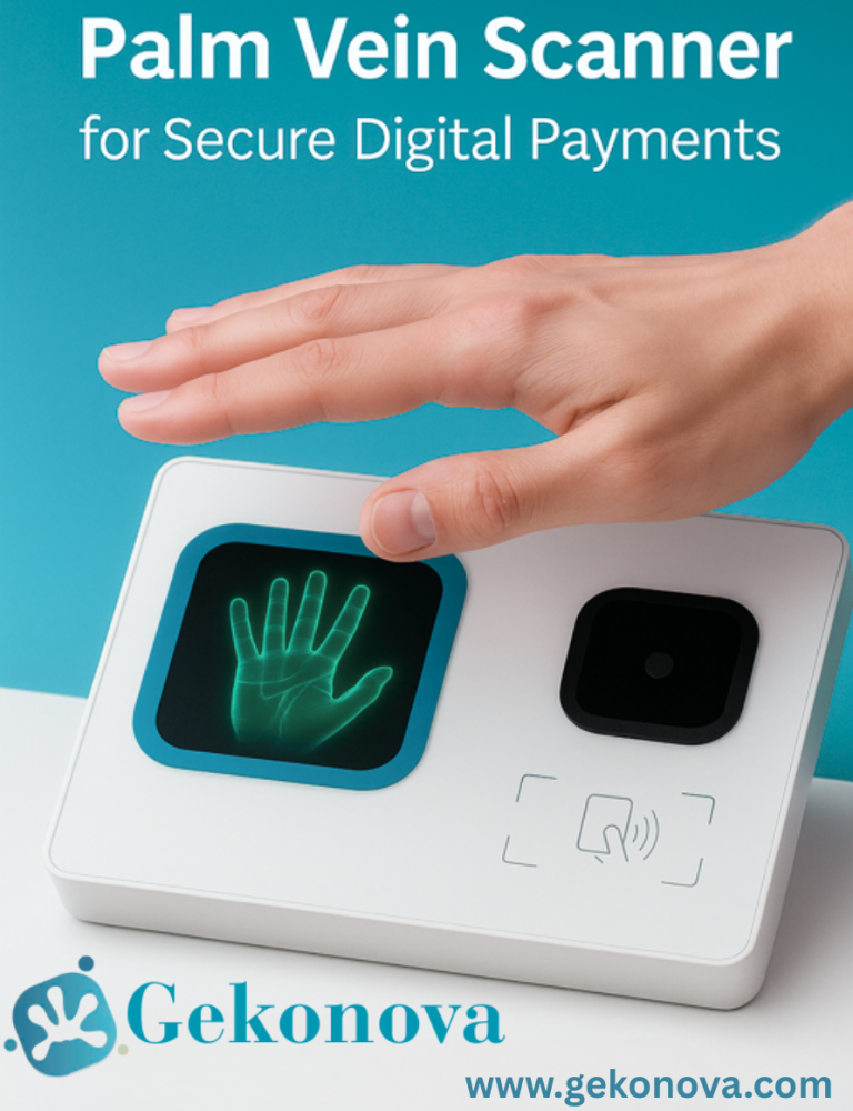 A person’s hand hovers over Gekonova’s palm vein scanner terminal, illustrating secure and contactless digital payment authentication.