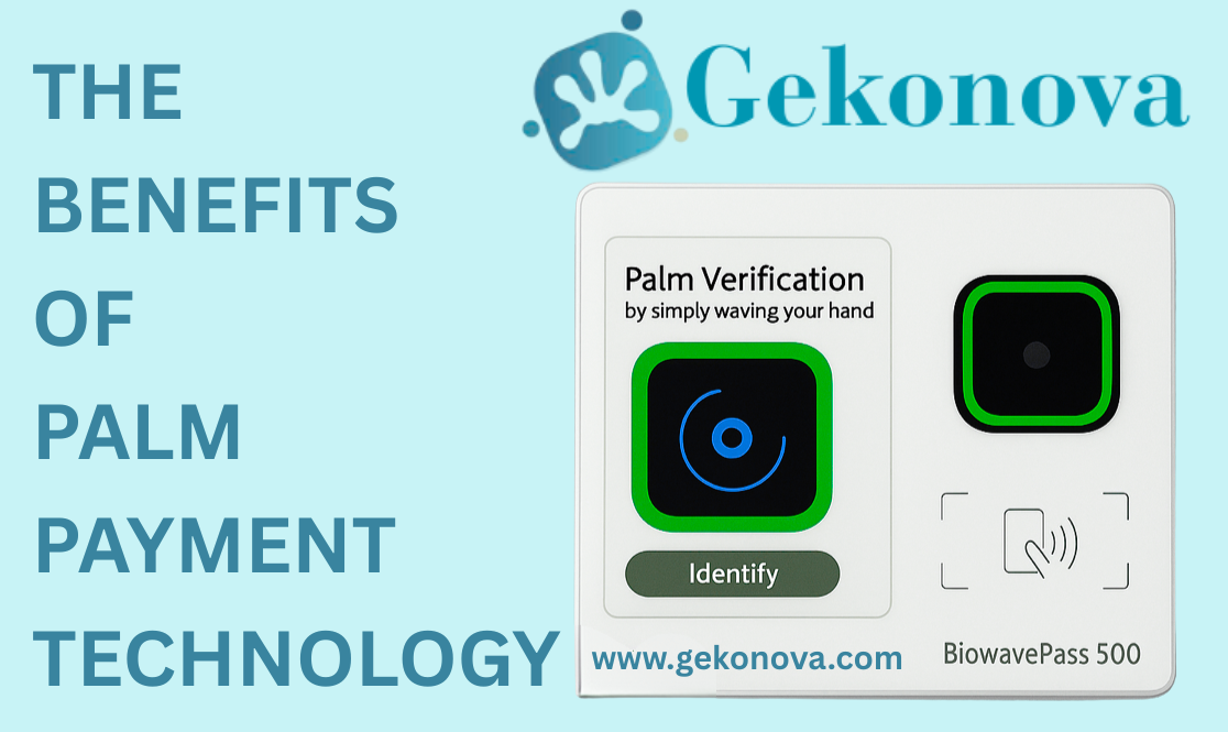 A hand hovers above Gekonova’s Palm Pay terminal, demonstrating secure contactless fintech transactions powered by palm vein recognition.