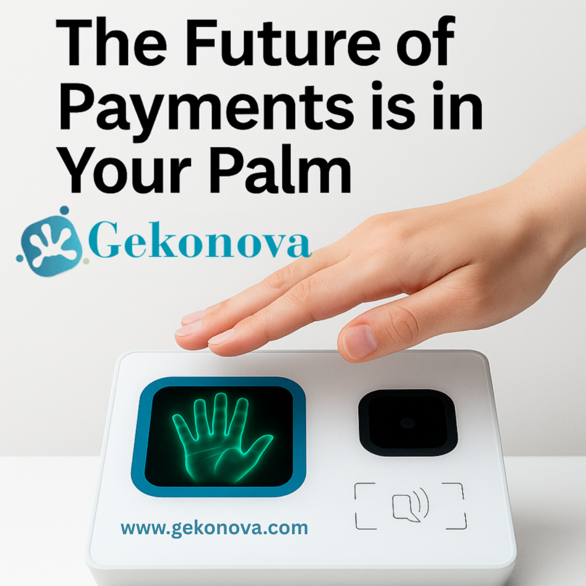 A user’s hand hovers above Gekonova’s Palm Pay Terminal, illustrating palm pay biometric authentication for fast, secure, and contactless payments.