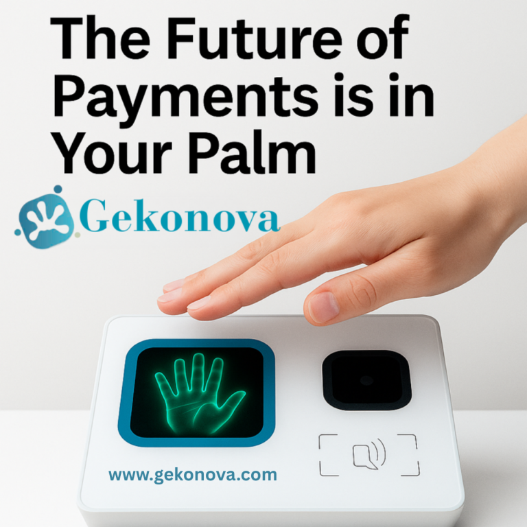 A user’s hand hovers above Gekonova’s Palm Pay Terminal, illustrating palm pay biometric authentication for fast, secure, and contactless payments.
