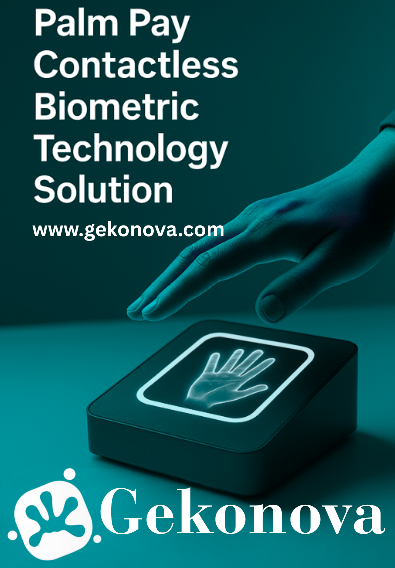 A user’s hand hovers above Gekonova’s Palm Pay biometric terminal, representing contactless palm vein recognition for secure digital payments.