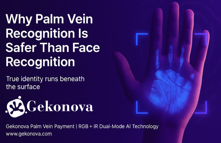 A glowing blue palm vein scan appears under infrared light against a violet background, illustrating Gekonova’s advanced Palm Vein Recognition technology.
