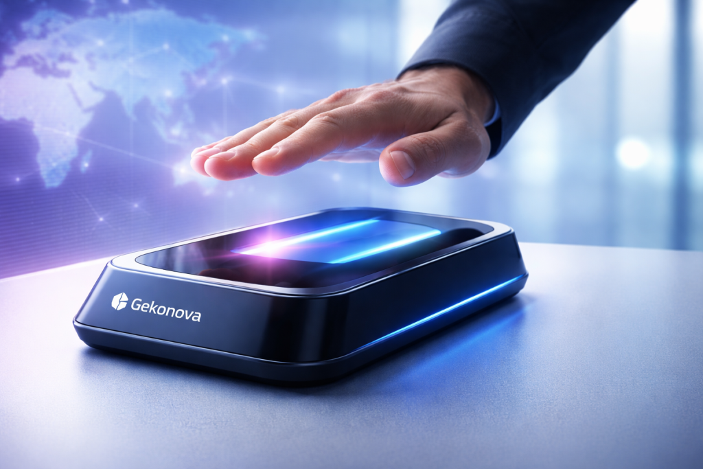 Contactless palm vein scanner in use, showing secure biometric authentication technology by Gekonova for digital identity and payment systems.