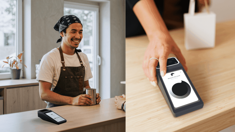 Customer holding their palm above a biometric palm vein payment terminal at a modern retail checkout counter, with subtle infrared scan illumination visible.